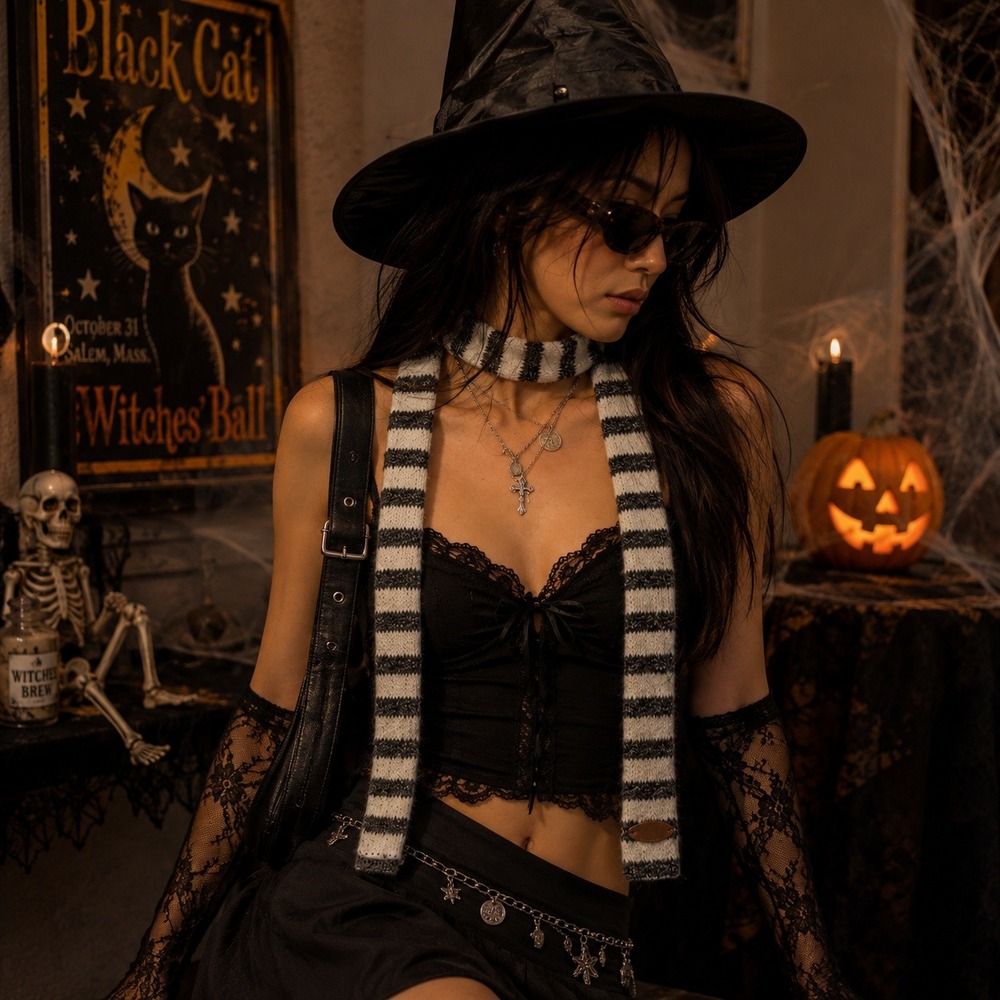 Witchy Striped Knit Skinny Scarf Retro Long Narrow Necktie Winter Wrap Accessory